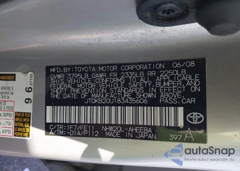 2008 Toyota Prius Touring from USA, damaged, VIN JTDKB20U183435606